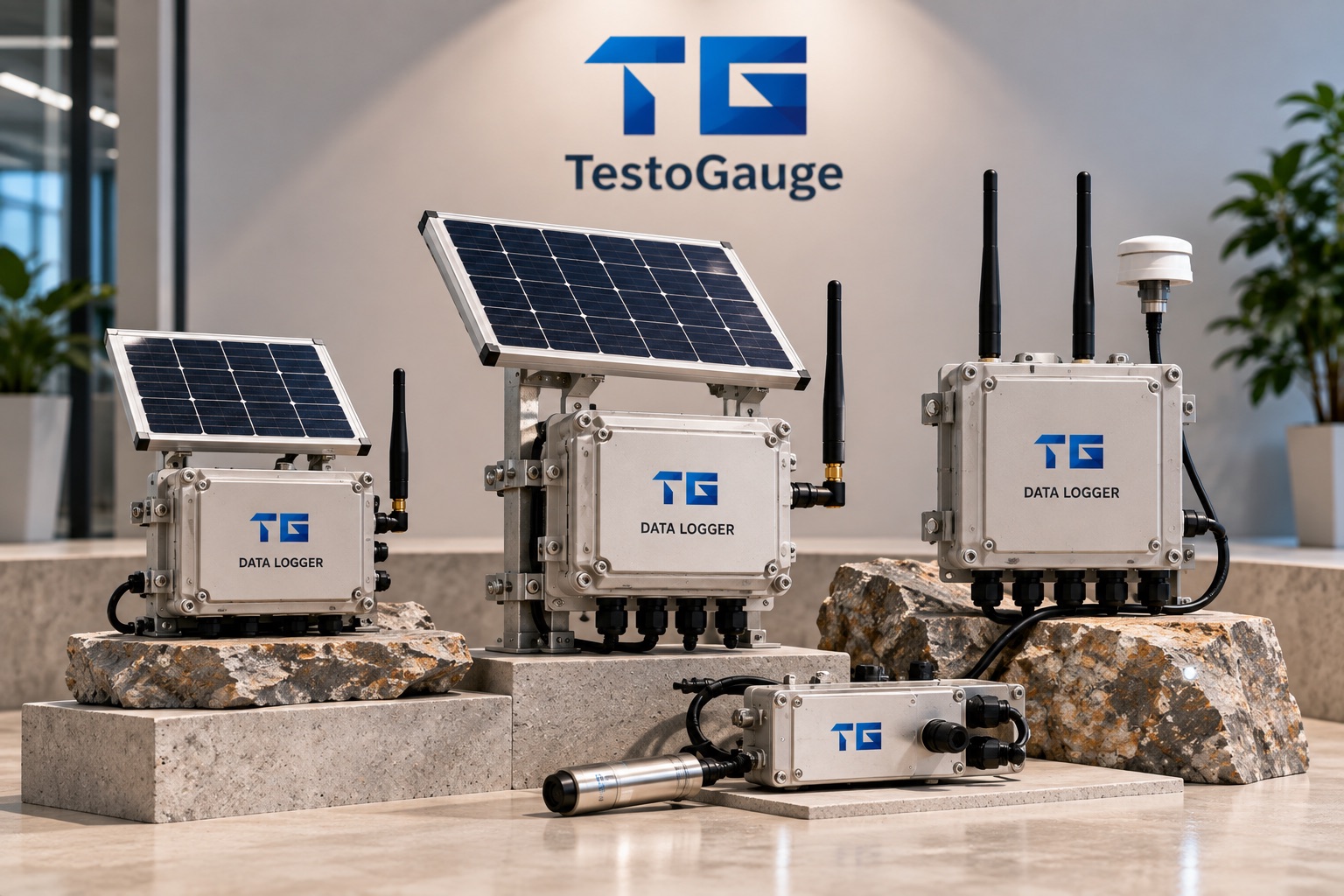 Range of TestoGauge data loggers, including solar-powered units, on display