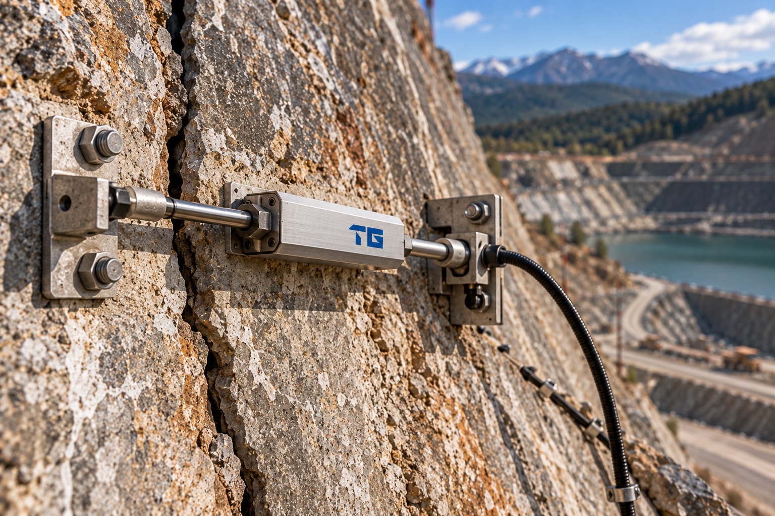 TestoGauge crack meter spanning a crack in a rock face above an open-pit mine
