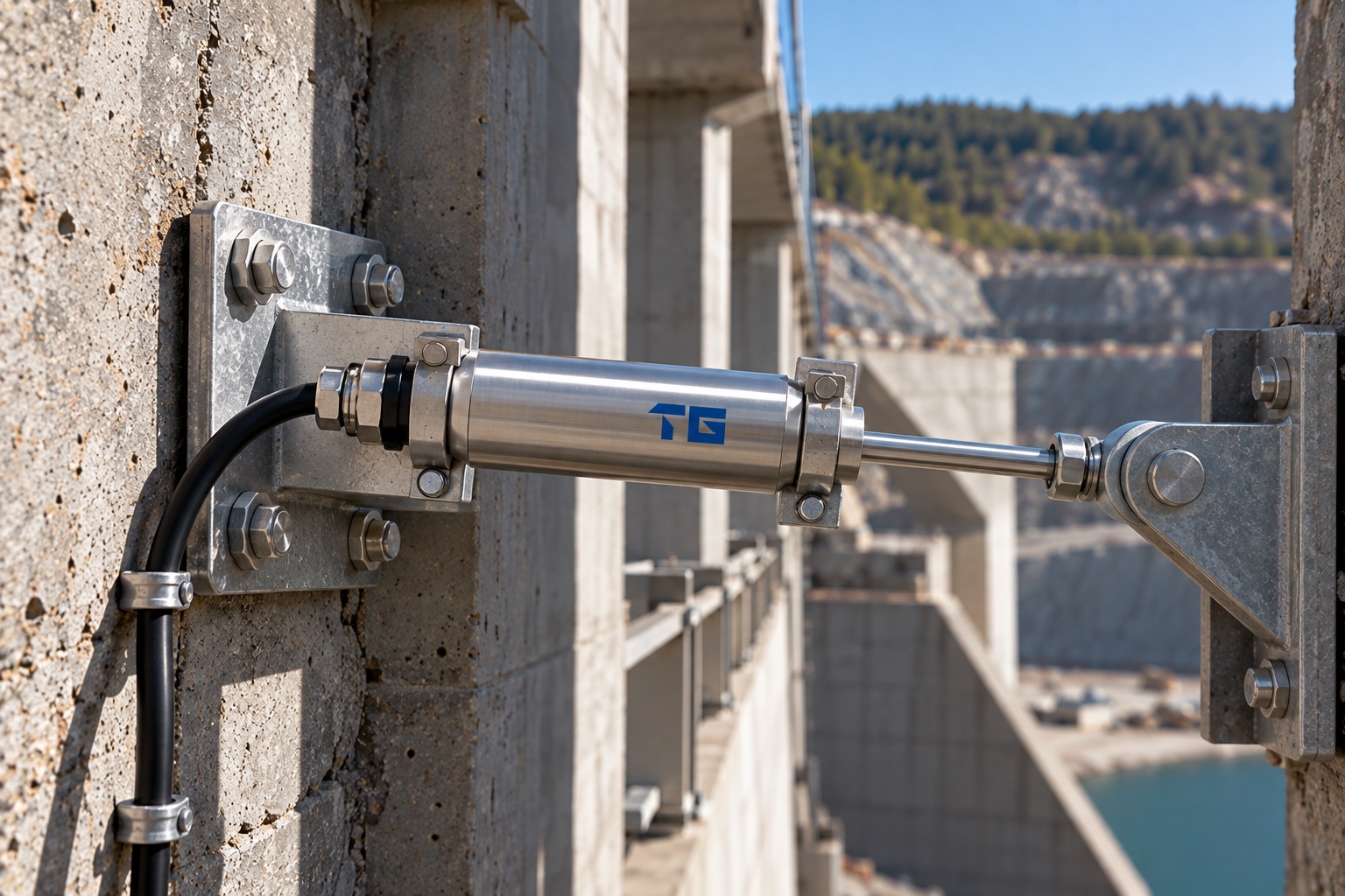 TestoGauge displacement sensor bracketed between two concrete structural elements