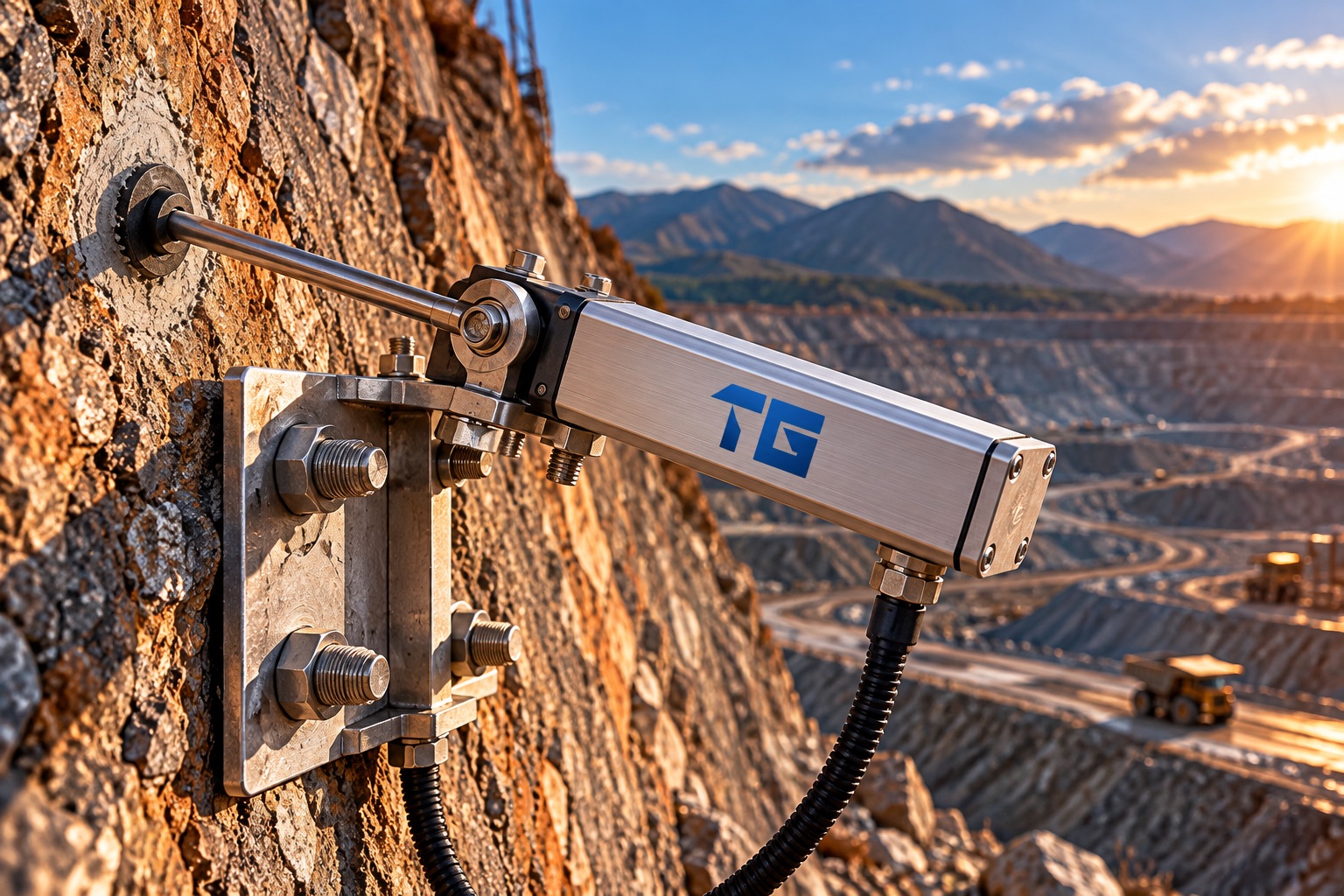 TestoGauge extensometer mounted on a rock slope at an open-pit mine