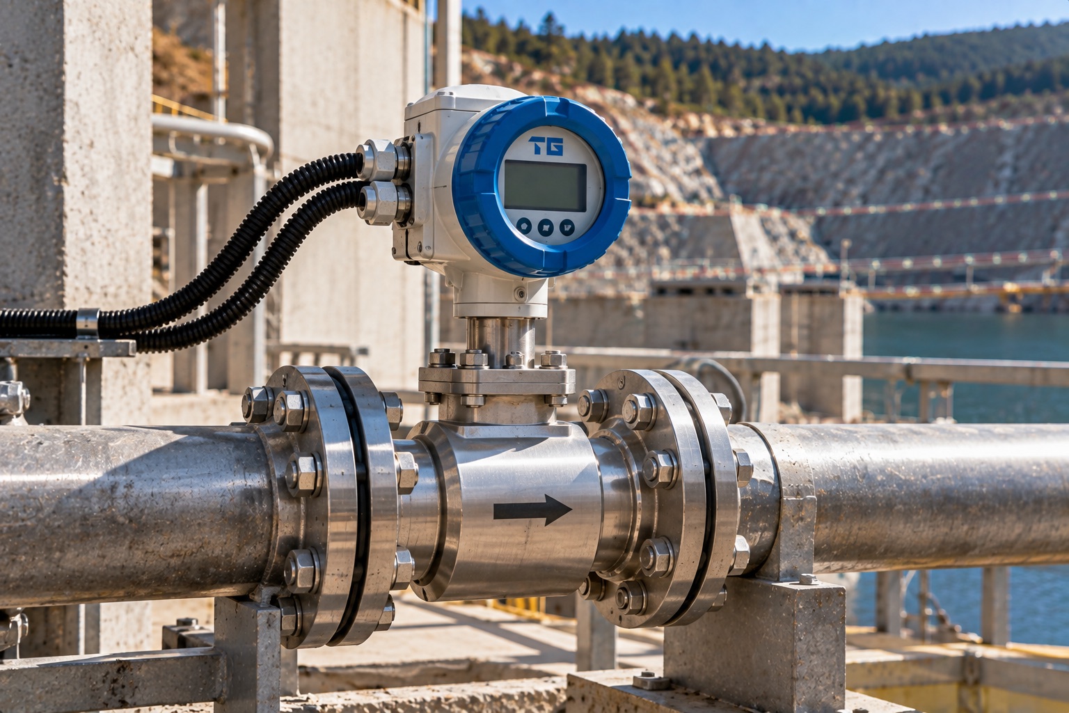 TestoGauge flow meter installed inline on a flanged water pipe at a dam