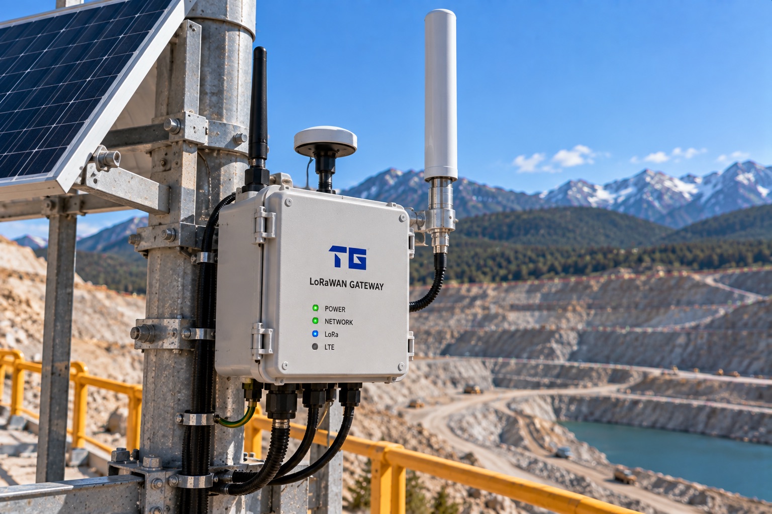 TestoGauge LoRaWAN gateway mounted on a solar-powered pole above an open-pit mine