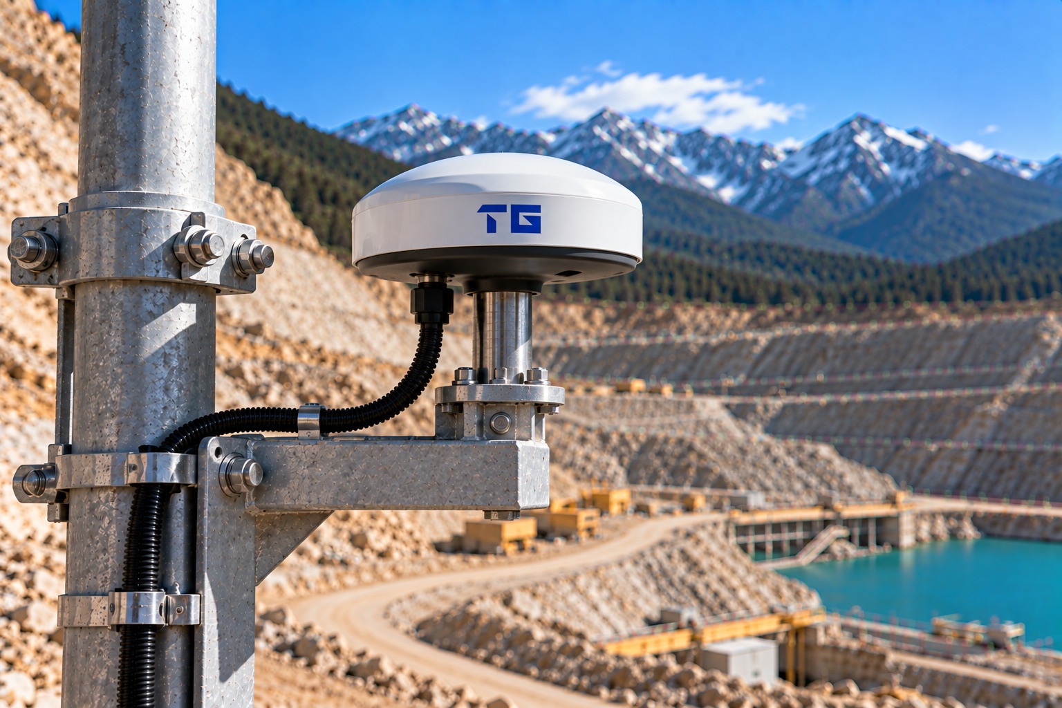 GNSS monitoring sensor installed for infrastructure movement monitoring above an open-pit mine