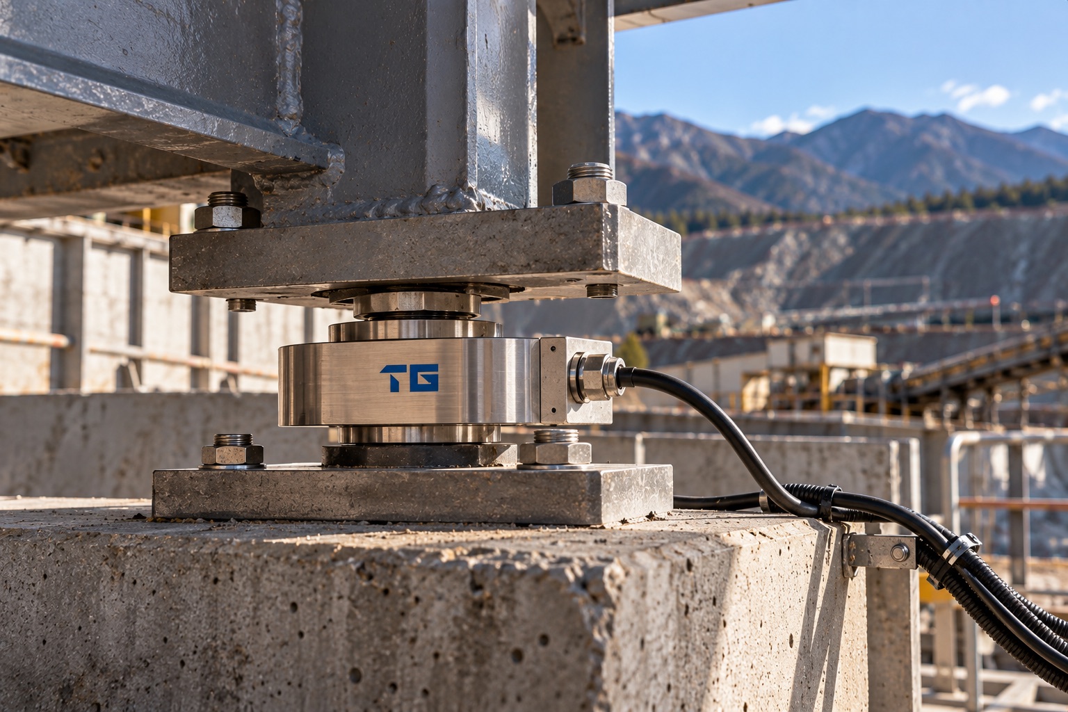 TestoGauge load cell installed beneath a steel column base on a concrete plinth