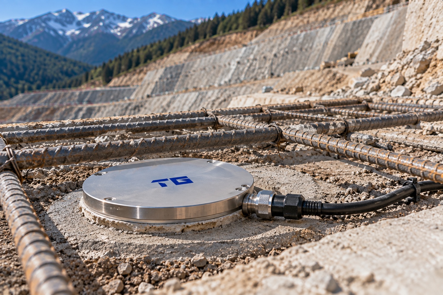 Earth pressure cell installed for geotechnical monitoring beneath reinforcement