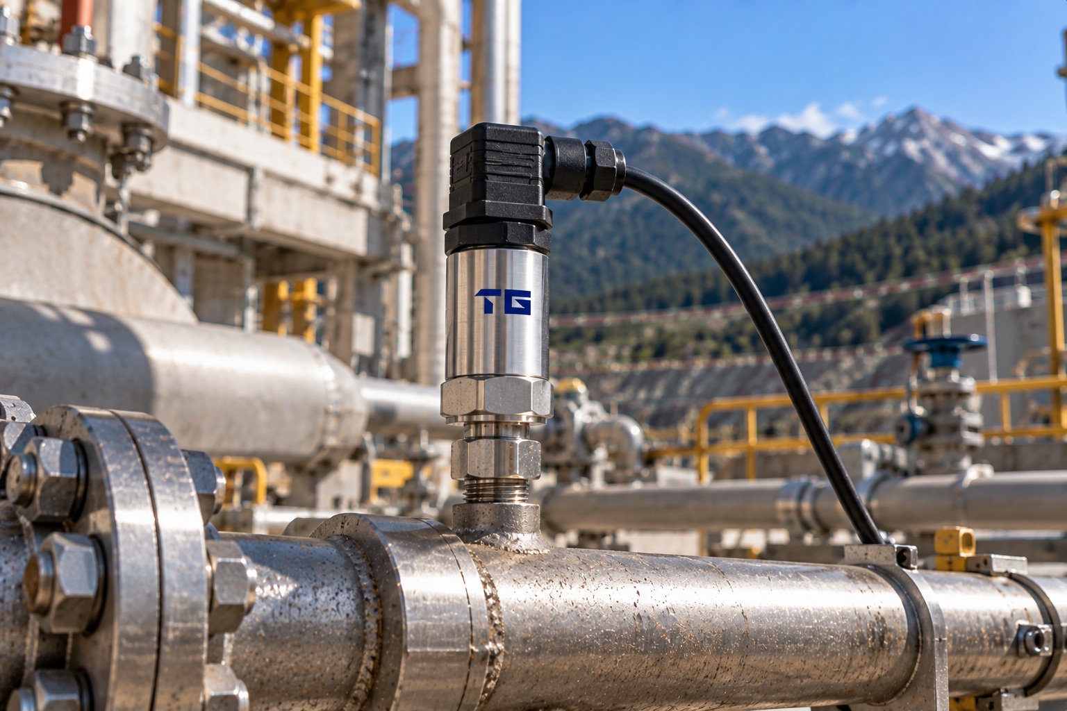TestoGauge pressure transducer threaded into a steel process pipe at an industrial plant