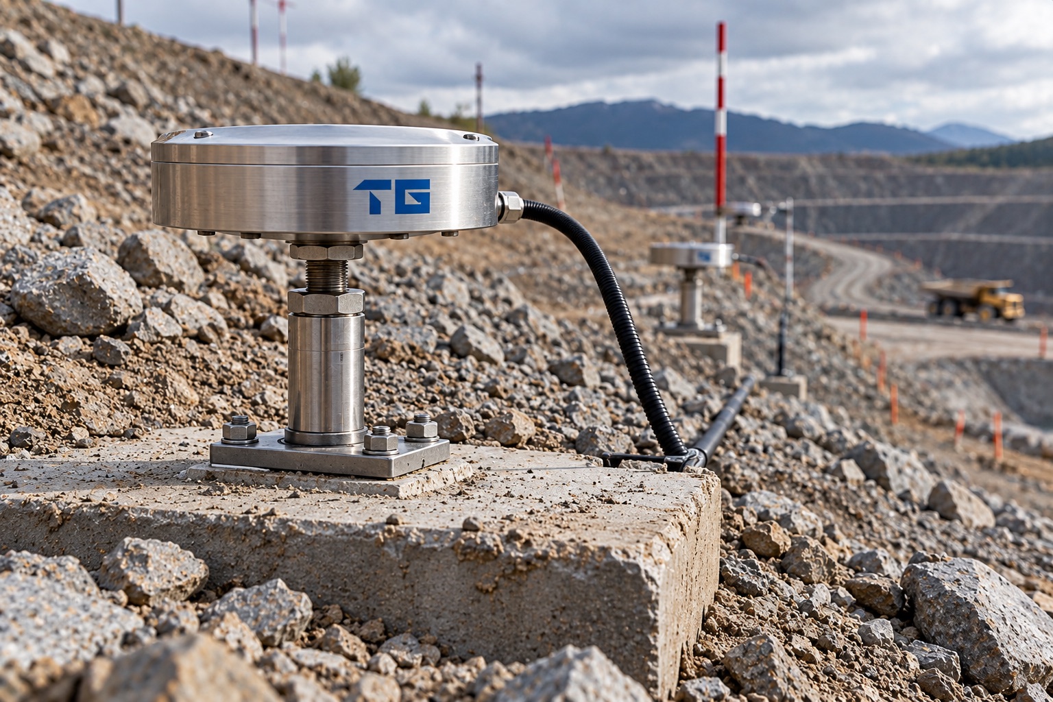 TestoGauge settlement sensor mounted on a concrete pad on a mine slope