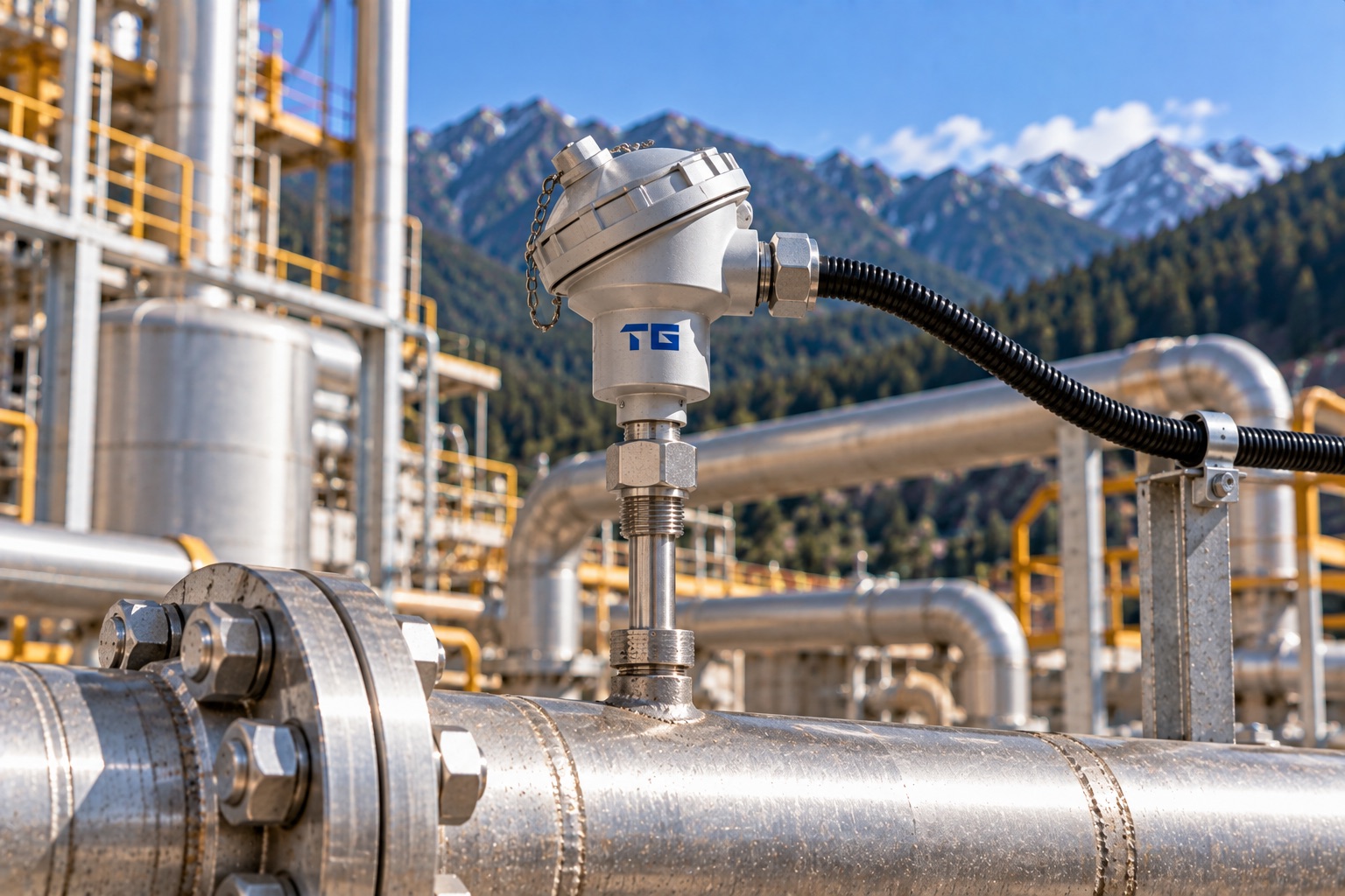 TestoGauge temperature sensor head fitted to a steel process pipe at an industrial plant