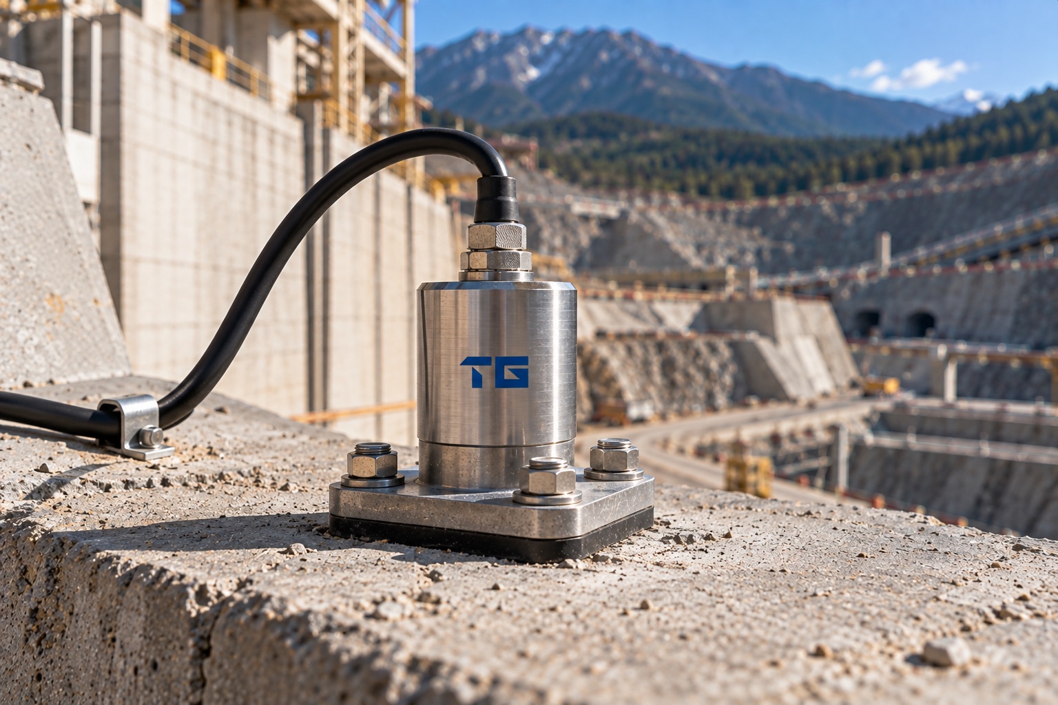 TestoGauge vibration sensor bolted to a concrete structure at a dam construction site